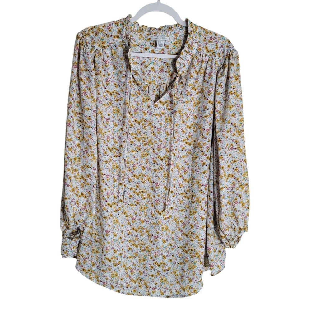 Carolina Belle Floral Tie Neck Blouse‎ Top Women's Size 2X Yellow Dainty Boho